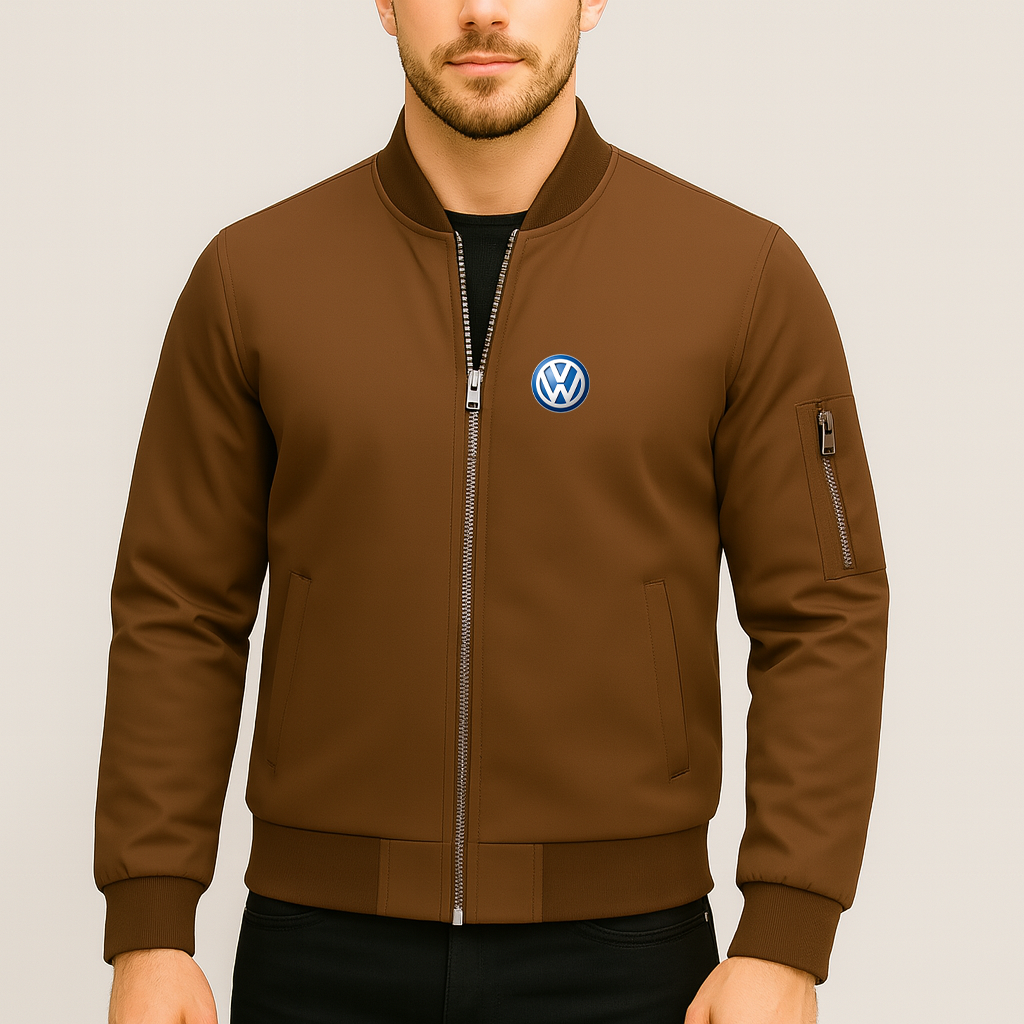 Men’s VW Volkswagen Car Lightweight Zip-Up Bomber Jacket with Ribbed Collar and Cuffs - Versatile Casual Outerwear